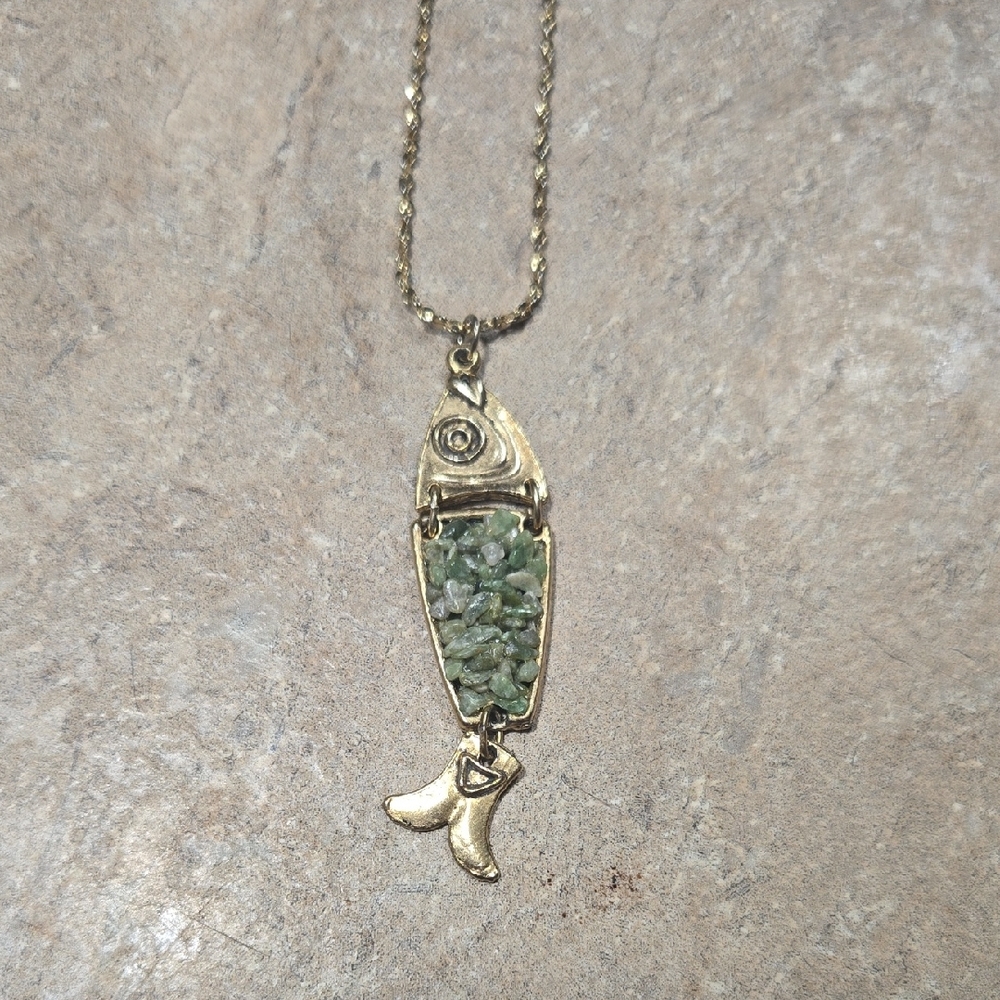 Yellow Gold and Jade  Vintage Fish Pendant Necklace